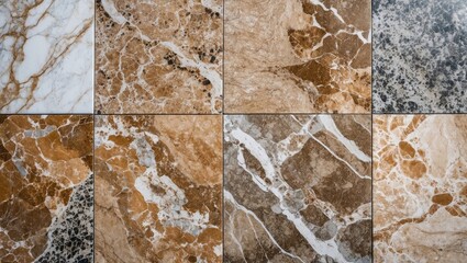Elegant marble texture tiles in shades of white, cream, brown, and gray arranged in a grid pattern, highlighting fine veins and details.