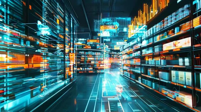 A futuristic depiction of a warehouse or store with digital data overlays, showcasing glowing charts, graphs, and information streams integrated into the environment, blending physical space 
