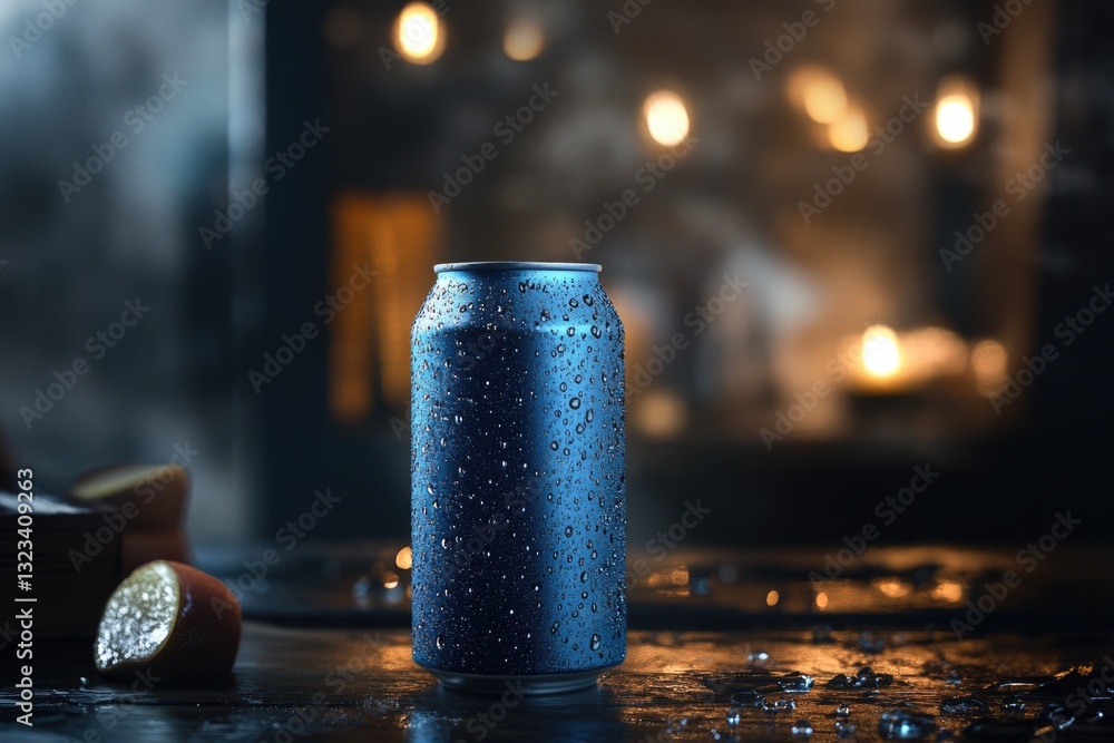 Poster a can of soda sitting on a table, perfect for illustration purposes or as a simple prop in your comp