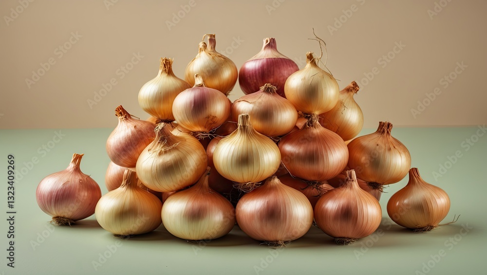 Poster golden and pink onions arranged in a pile on a mint green surface with a soft pastel background crea