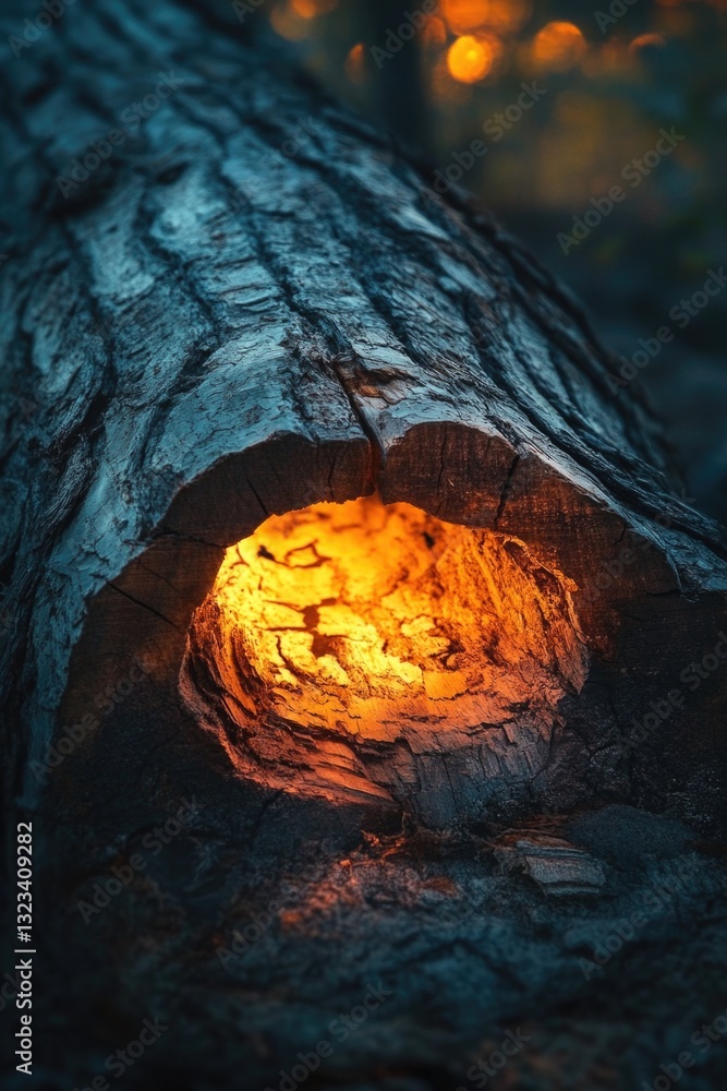Poster a tree trunk with a mysterious glow emanating from a hole, possibly used for eerie or sci-fi scenes