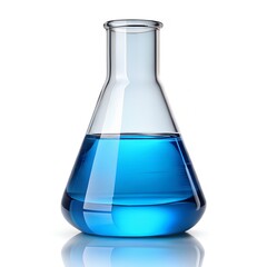 laboratory flask with blue liquid on white background