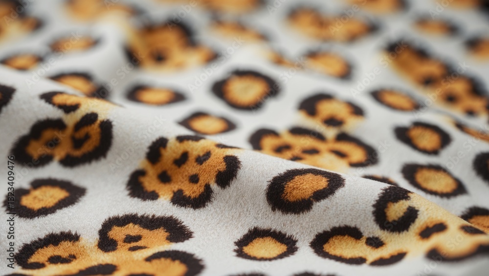 Poster leopard print textile with warm golden and black spots over a soft cream backdrop, ideal for pattern