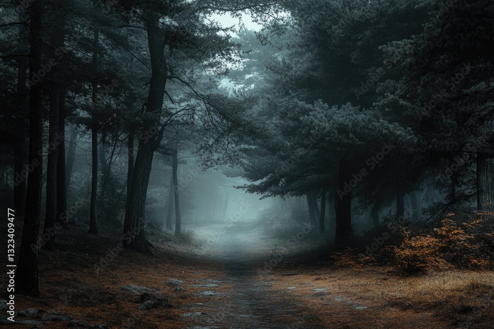 Poster a dirt path winding through a dense forest with tall trees and underbrush