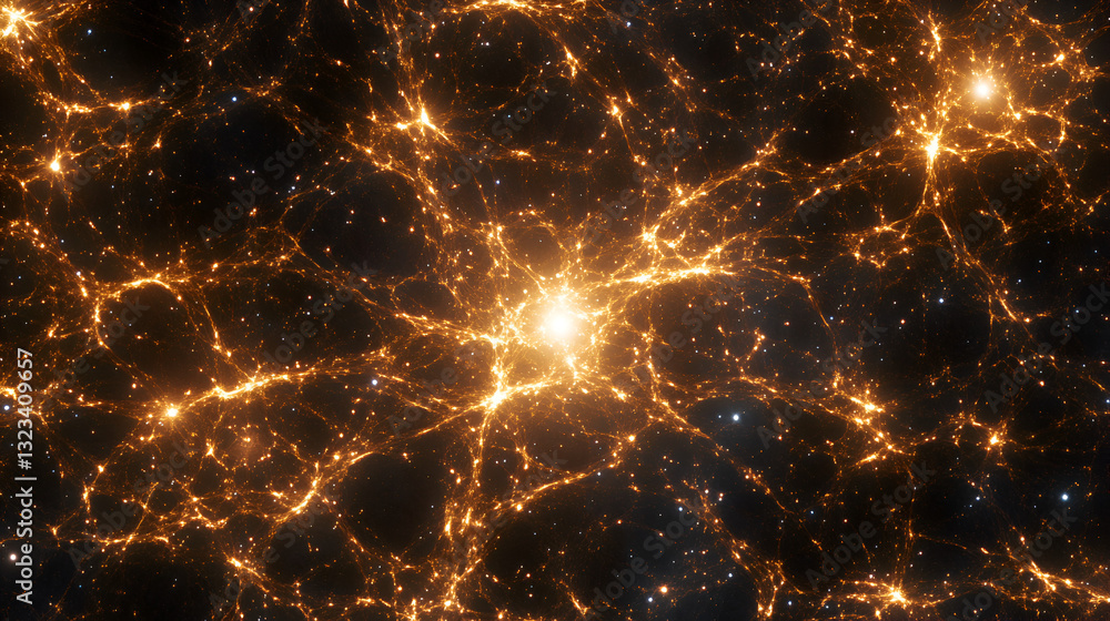 Wall mural artistic representation of a glowing cosmic network with golden light particles connected in space.