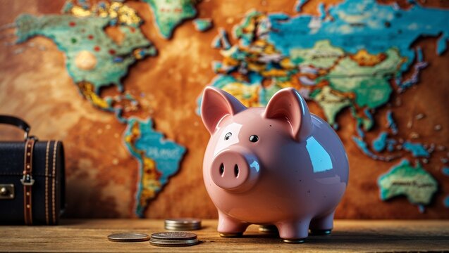 Piggy bank against the world map, symbolizing global savings, financial goals, and generosity