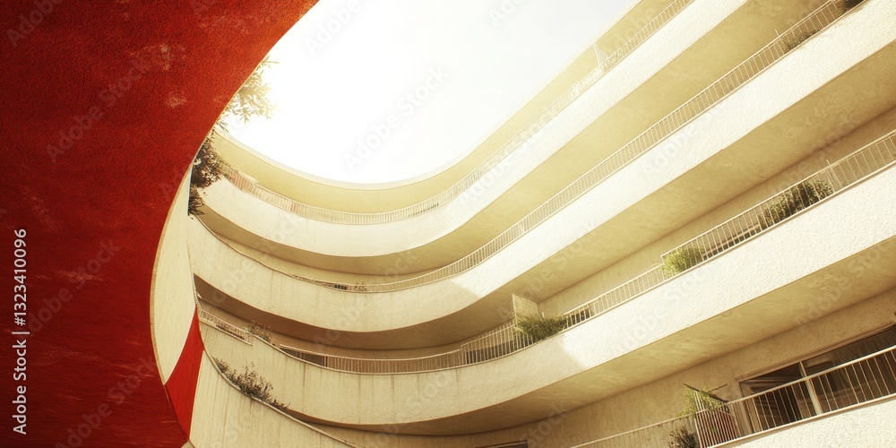 Poster abstract architectural image featuring a curved, multi level building with beige walls and red accen
