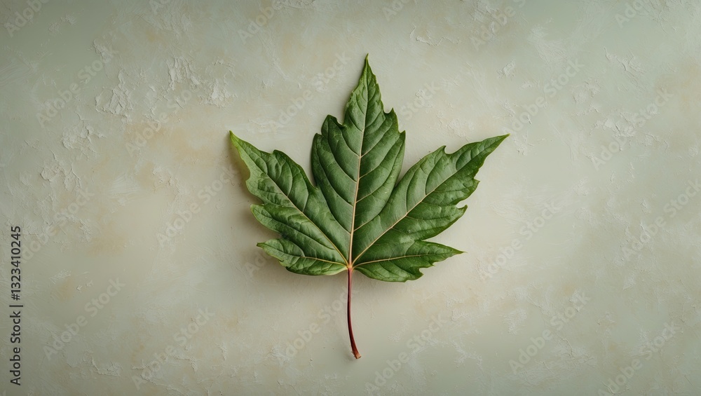 Poster detailed close-up of a green maple leaf centered on a soft beige textured background highlighting su