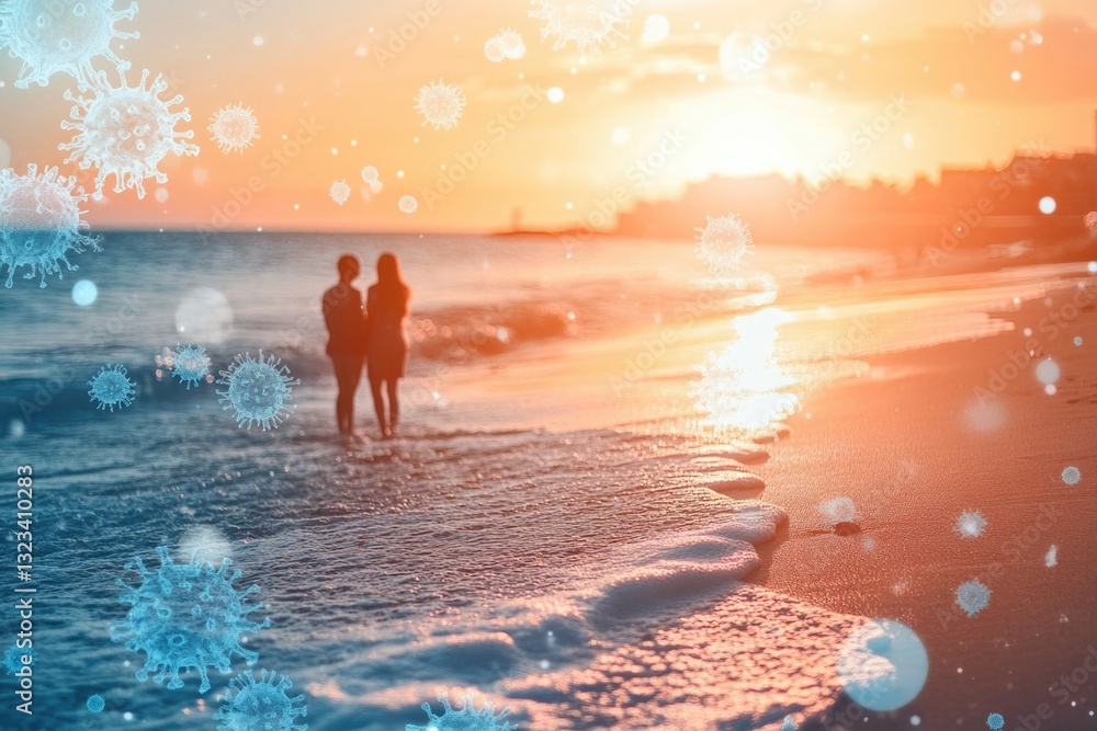 Poster two people standing at the edge of the ocean, enjoying the view and the atmosphere