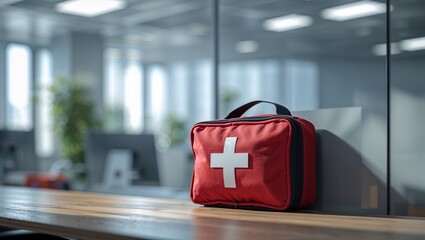  First aid kit in office, symbolizing workplace safety, health, and emergency preparedness