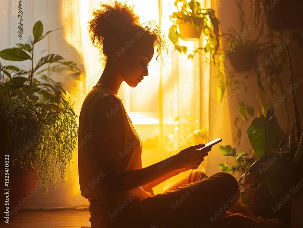Poster A person is seated on the floor using their mobile device