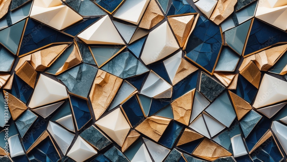 Aufkleber contemporary abstract mosaic with irregular gold and blue geometric shapes arranged in a textured po