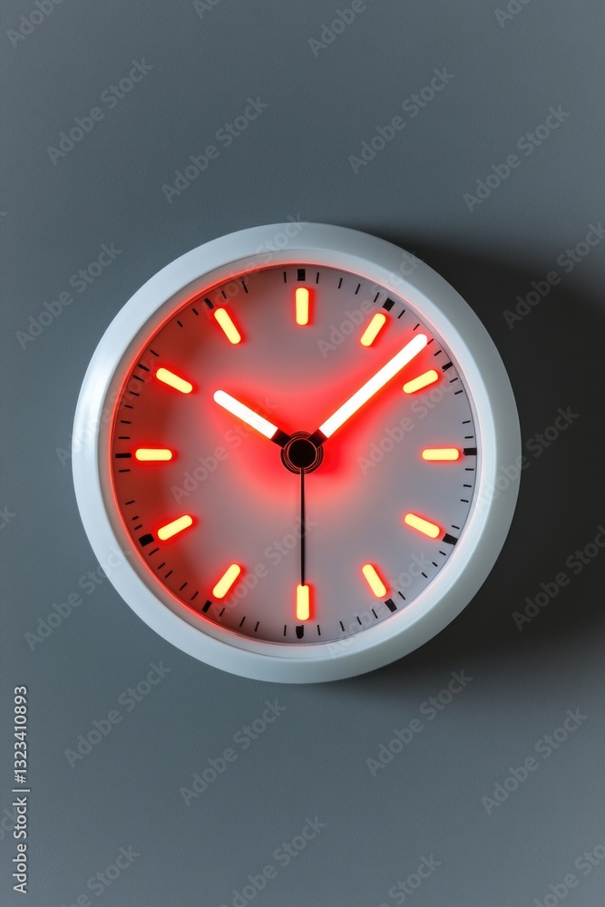 Poster a close-up of a white clock with a bright red light indicating time or urgency
