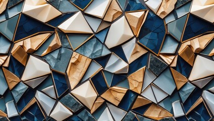 Contemporary abstract mosaic with irregular gold and blue geometric shapes arranged in a textured polygonal grid creating a luxurious design.
