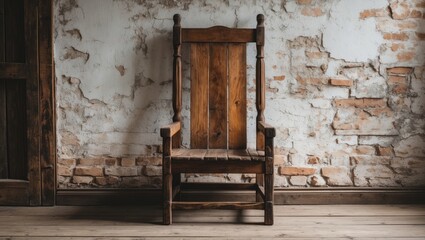 Vintage wooden chair positioned centrally against a distressed brick wall with natural lighting highlighting its rustic textures and warm brown tones.