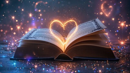 Book with glowing heart, symbolizing love, knowledge, and charitable inspiration