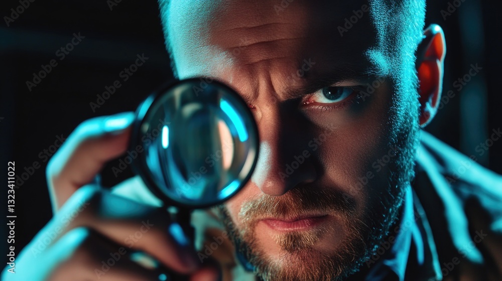 Poster A person scrutinizing an object or surface using a magnifying glass, useful for close-up examination