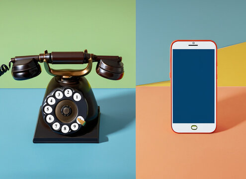 A vintage rotary telephone and a modern smartphone placed side by side on a colorful background, symbolizing the evolution of communication. Old vs new. - Powered by Adobe