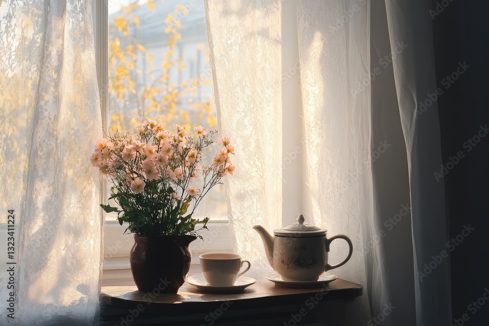 Poster a simple arrangement of flowers in a vase placed beside a cup on a table