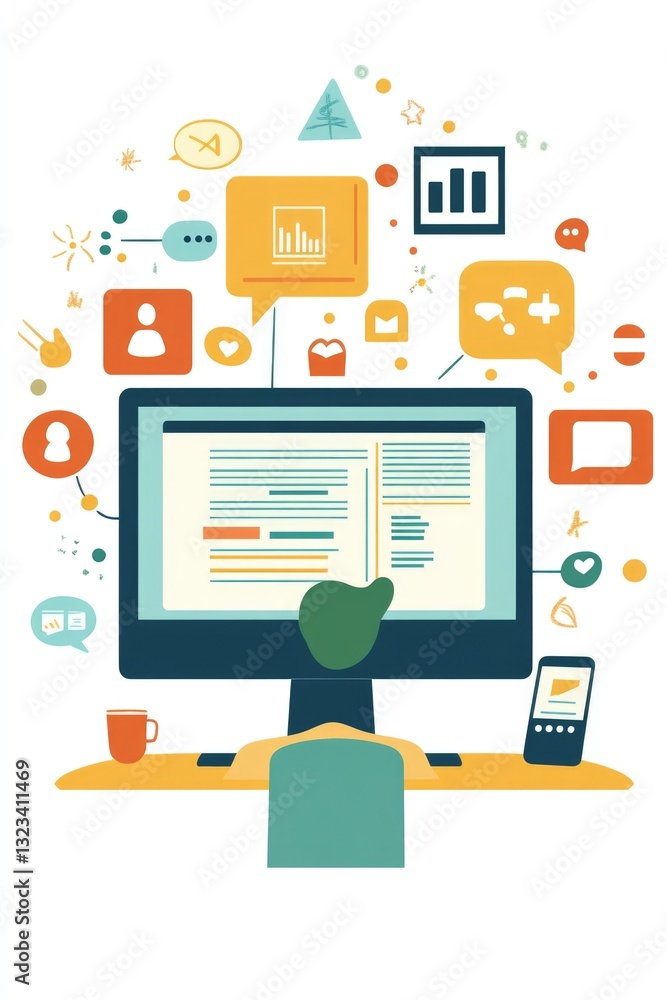 Poster a person sits at a desk with a computer, ready to work or study