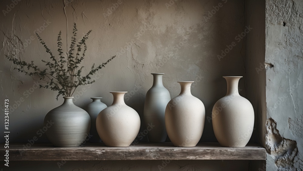 Poster Serene display of neutral vases in soft beige and gray on a rustic wooden shelf against a textured plaster wall illuminated by moonlight.