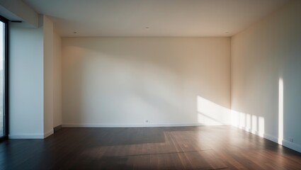 Empty interior space with bare white walls and warm wooden flooring, soft sunlight casting shadows, minimalist and modern design aesthetic.