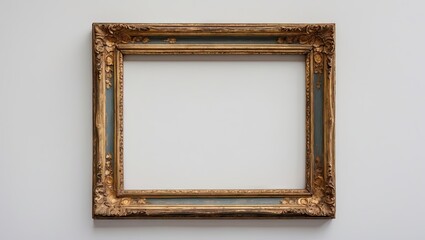 Gilded wooden picture frame with ornate detailing featured in a horizontal position against a clean white background showcasing its vintage elegance