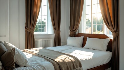 Obraz premium Cozy modern bedroom with large windows and sunlight, featuring neutral tones, wood bed frame, soft pillows, and elegant brown curtains.