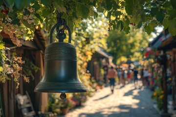 Obraz premium Antique Metal Bell Hanging on Vine in Sunny Village Street