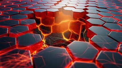 Obraz premium Hexagonal polygonal chaotic tech background 3d illustration of cracks on surface red hot matter lava and a gap in space digital technology hi tech network poster futuristic wallpaper
