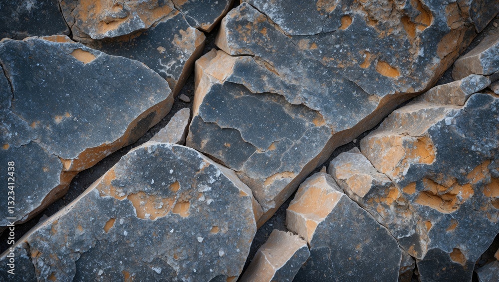 Poster detailed close-up of rugged dark gray rock surface with orange patches and cracks, showcasing bold t