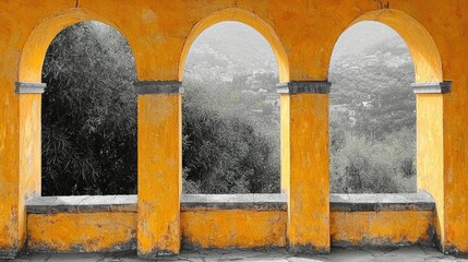 Yellow Archway Views Distant Hillside Town