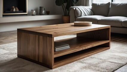 Contemporary wooden coffee table positioned centrally in a modern living room, featuring earthy tones with a cozy sofa and soft area rug.