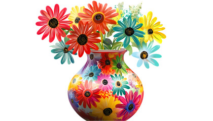Colorful Flowers in Decorated Vase on transparent background