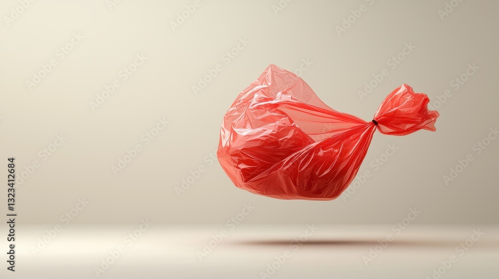 Poster dramatic image of a levitating translucent red plastic bag floating in a minimalist studio environme