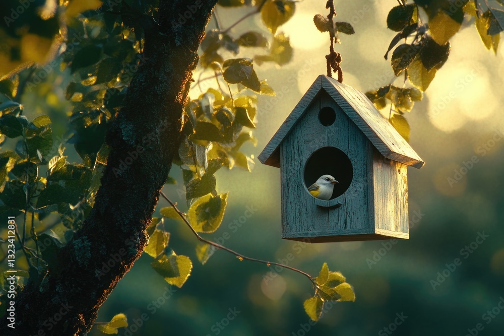 Poster A birdhouse hanging from a tree branch with a bird sitting inside, ready to nest