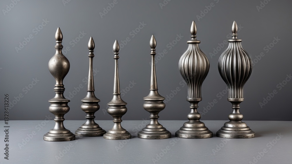 Poster elegant metallic curtain finials displayed in a row on a smooth gray surface, showcasing an array of