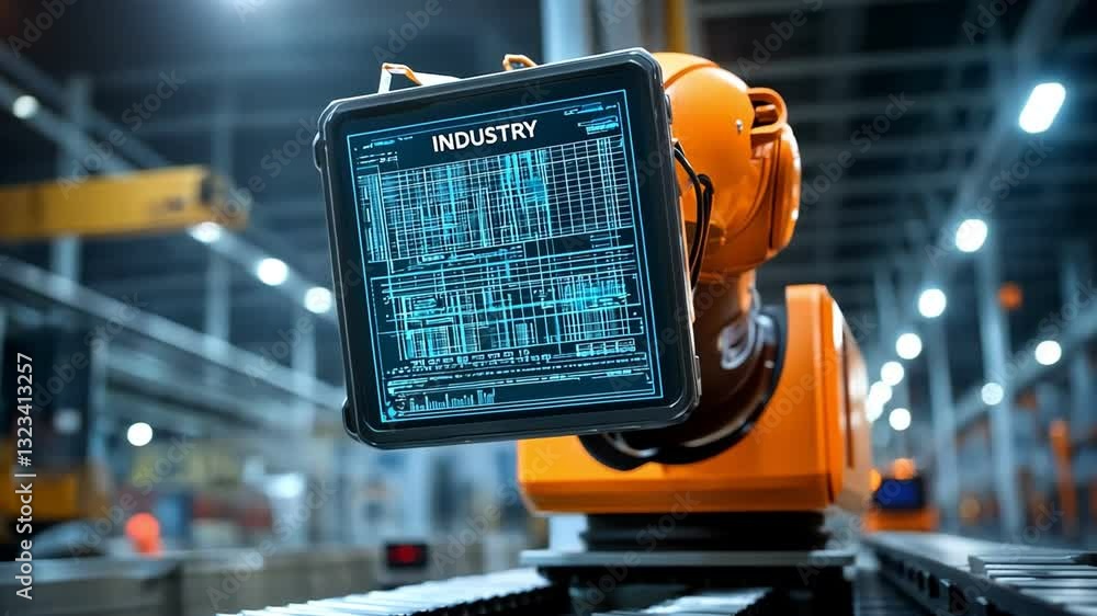 Poster industrial robot technology touchscreen automation in factory machinery for enhanced data display