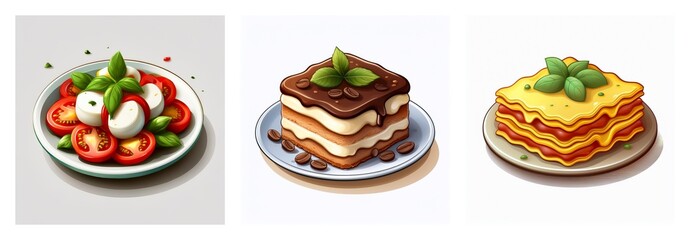 Three plates of appetizing food featuring a Caprese salad, a chocolate tiramisu, and a cheesy lasagna, each garnished with fresh basil.