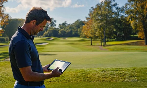 Man using a tablet on a golf course during a sunny day, with trees and fairways in the background - Powered by Adobe