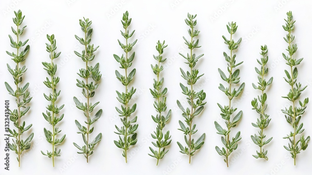 Poster eight sprigs of fresh thyme arranged in a row against a white background. the image features a flat 