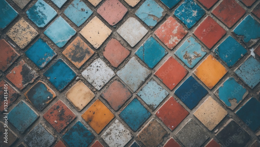 Poster colorful retro tiled floor in a diagonal pattern featuring blue, orange, and red tiles with fading t