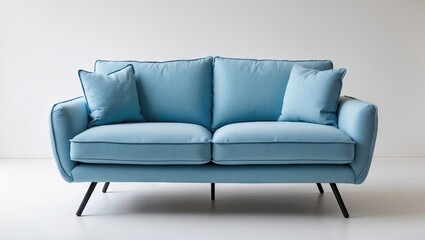 Fototapeta premium Elegant light blue fabric sofa with black metal legs, positioned centrally against a clean white background, showcasing modern upholstery design.