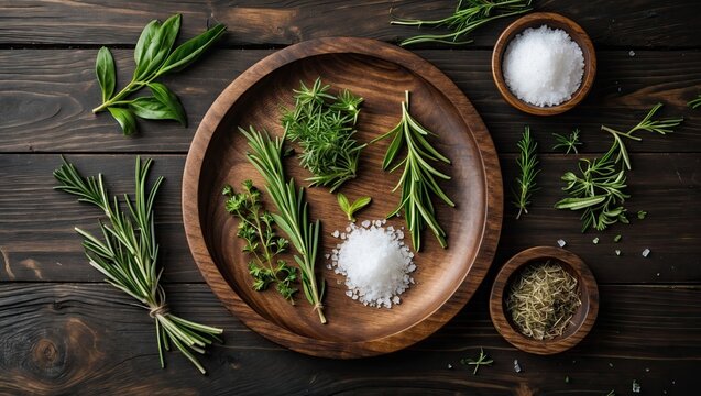 Round wooden plate filled with fresh herbs and coarse salt on a dark wooden background top view with ample copyspace for text or design.