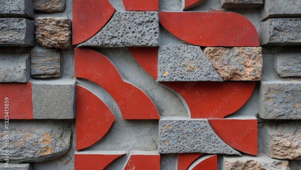 Poster modern decorative wall design featuring a red color pattern intertwined with textured cement and lat