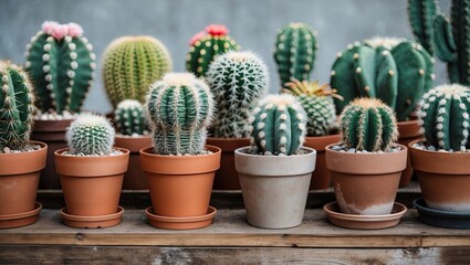 Vibrant collection of assorted potted cacti in earthy terracotta and gray pots arranged on a wooden shelf with a muted background.