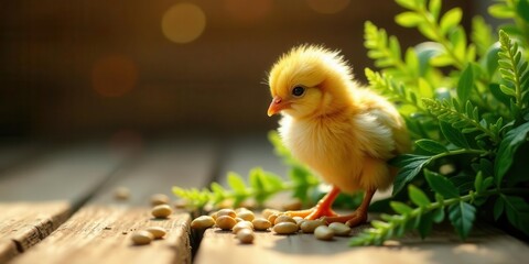 Obraz premium A fluffy yellow chick explores a rustic wooden surface, surrounded by vibrant green foliage and scattered seeds, bathed in the warm glow of sunlight.