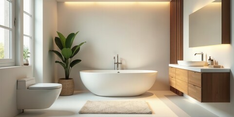 Fototapeta premium Serene Minimalist Bathroom Design Featuring Freestanding Tub, Wall-Hung Toilet, and Light Wood Vanity
