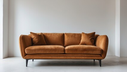 Stylish orange suede couch with plush cushions positioned centrally against a blank white backdrop showcasing modern interior design aesthetics