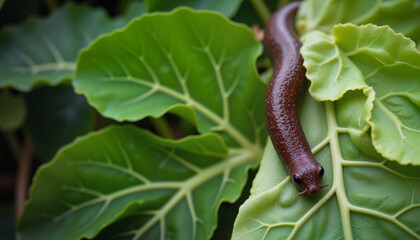 Single slug on a green cabbage leaf with slime trail in soft foliage background